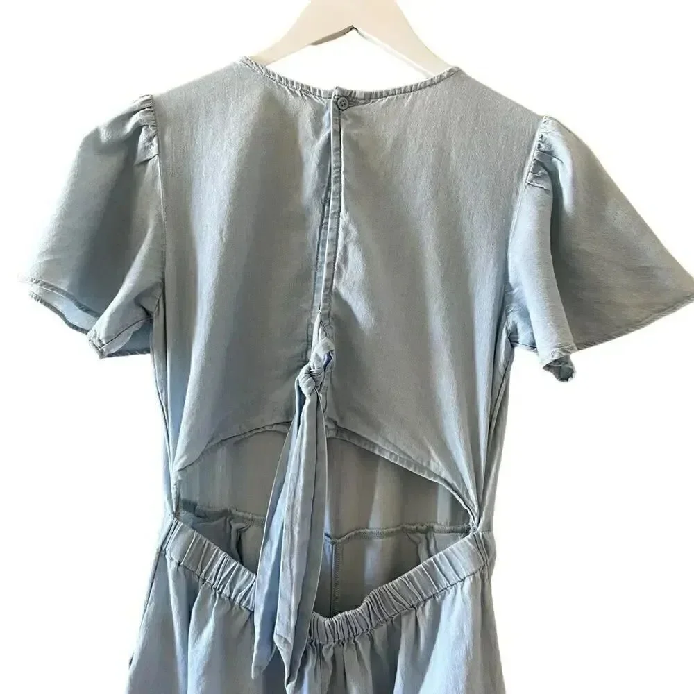 Nordstrom Blue Tie Back Lightweight Jumper Romper Wide Leg Capri Pants XL